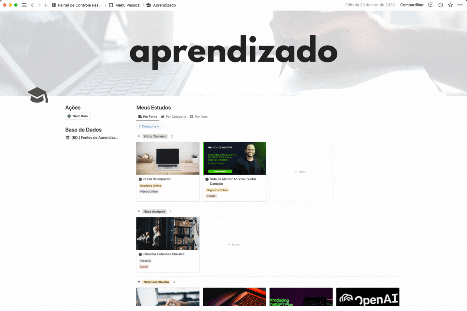 Painel de Controle Pessoal - Template Notion - Aprendizado