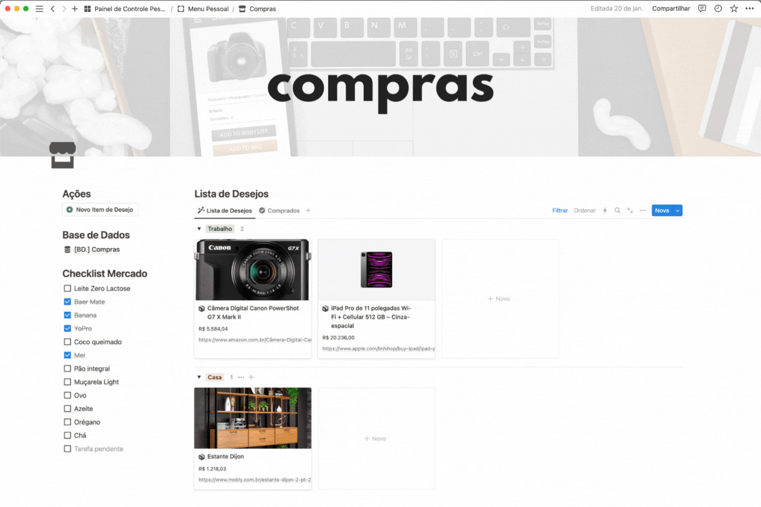 Painel de Controle Pessoal - Template Notion - Compras