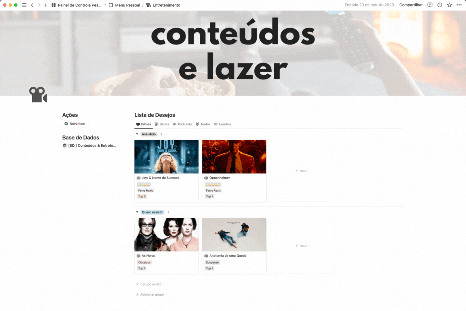 Painel de Controle Pessoal - Template Notion - Conteúdos e Lazer