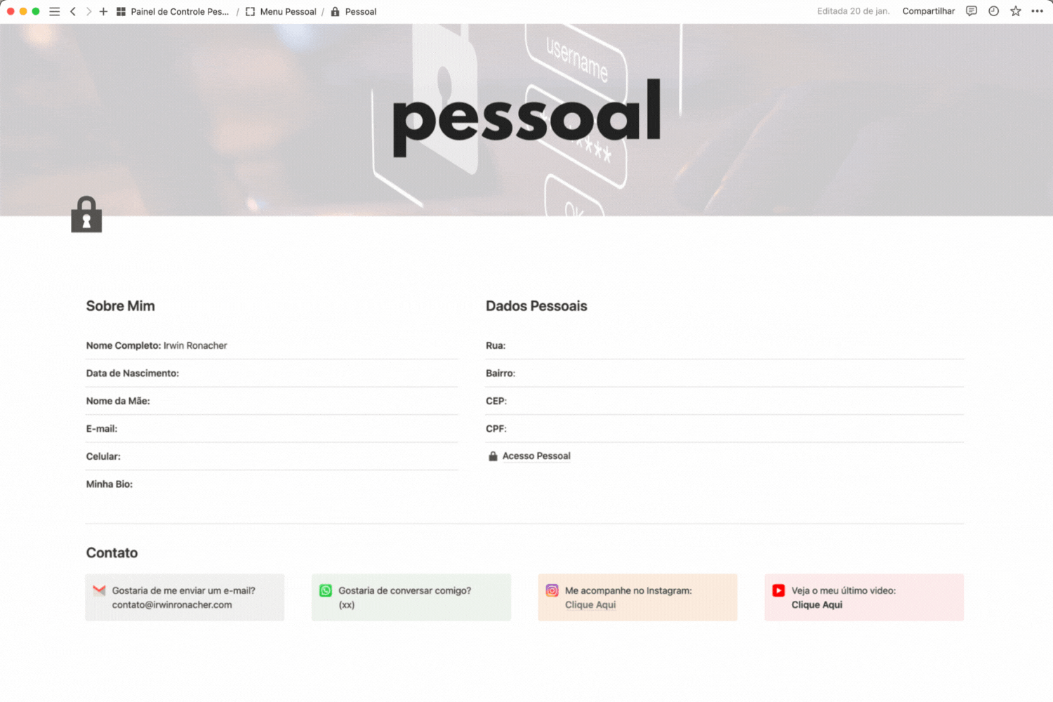 Painel de Controle Pessoal - Template Notion - Pessoal