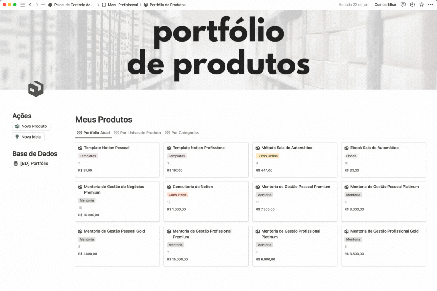 Painel de Controle do Mentor - Portfólio de Produtos