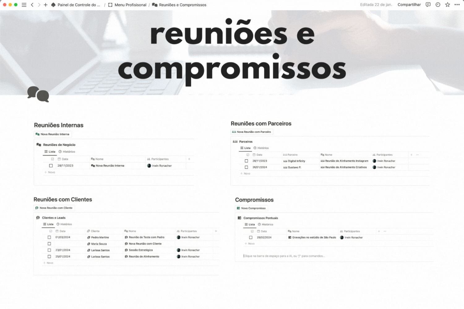 Painel de Controle do Mentor - Reuniões e Anotações