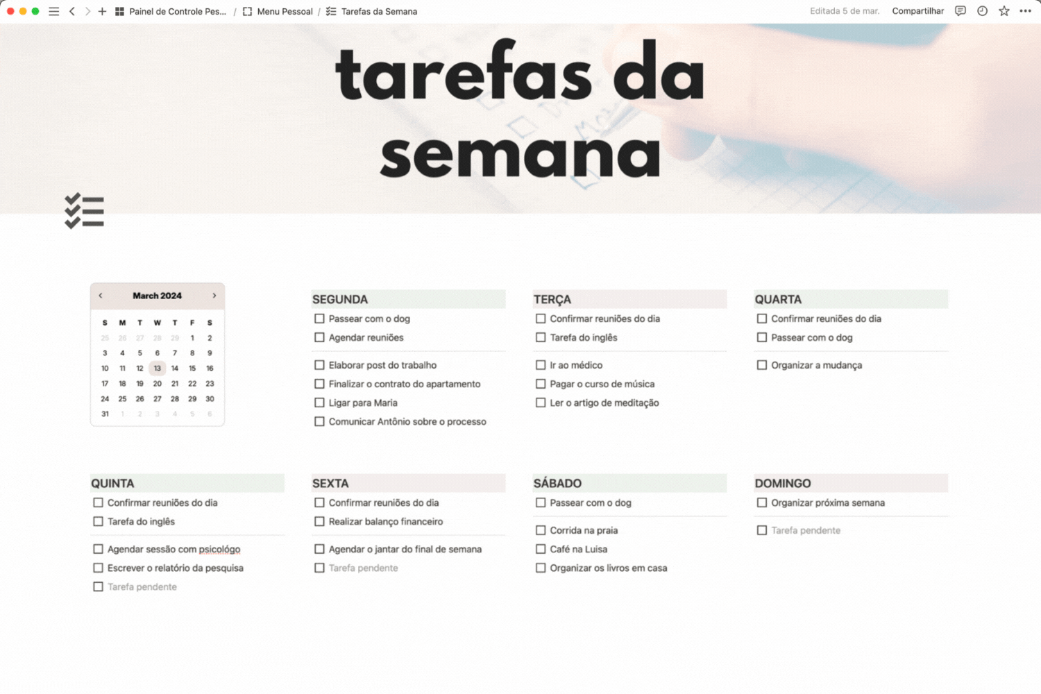 Painel de Controle Pessoal - Template Notion - Tarefas da Semana
