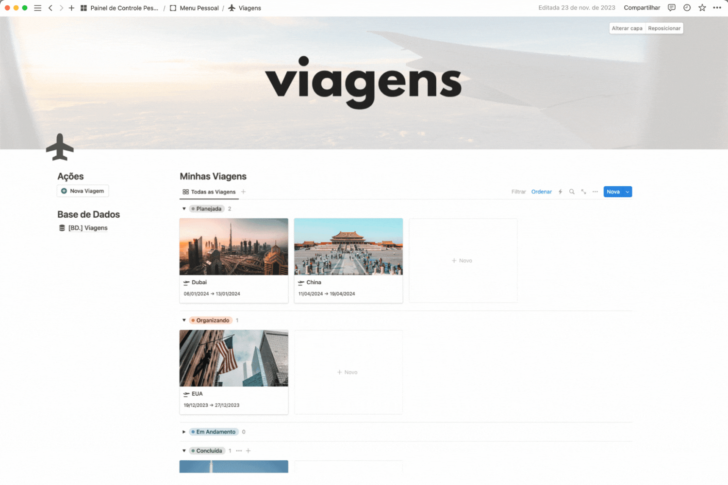 Painel de Controle Pessoal - Template Notion - Viagens